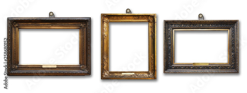 Set of three vintage golden baroque wooden frames on  isolated background