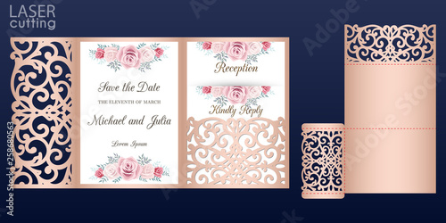 Laser cut wedding invitation card vector template. Tri fold pocket envelope. Wedding lace invitation mockup with rose flowers.