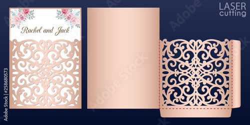 Laser cut wedding invitation card template vector. Wedding pocket envelope or greeting card with lace pattern. Open card with roses. Suitable for greeting cards, invitations, menus.