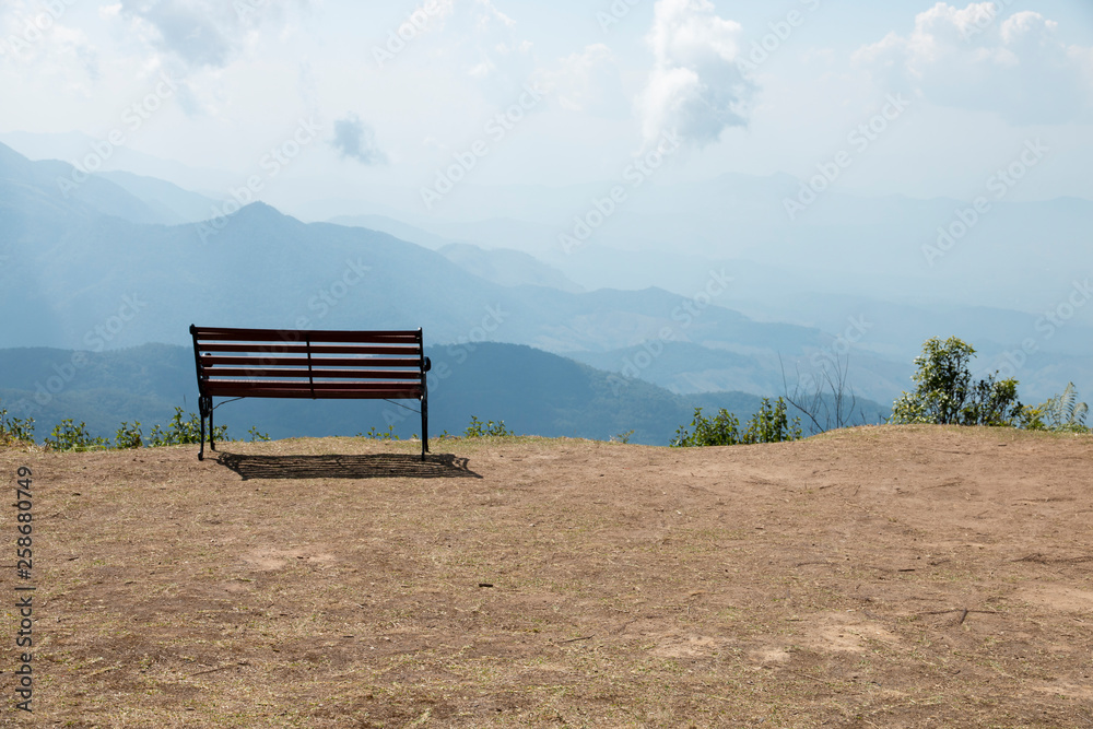 Wooden bench outdoor landscape with mountains view. Wooden bench outdoor landscape with mountains view.