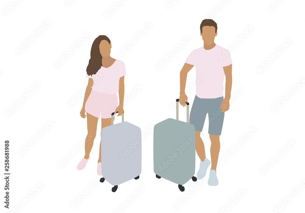 Man and woman with suitcases. Vector flat illustration. Man and woman with suitcases. Vector flat illustration.