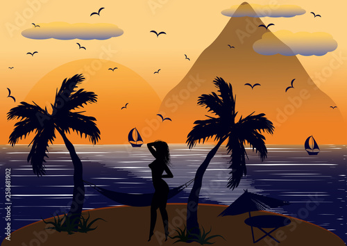 My island. The girl on the island. A fabulous romantic holiday in nature near the sea. Around the mountain, yachts. The enchanting sunset delighted anyone who would rest here.