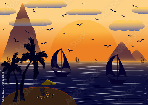My island. A fabulous romantic holiday in nature near the sea. Around the mountain, yachts. The enchanting sunset delighted anyone who would rest here.
