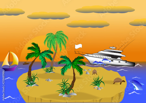 My island. A fabulous romantic holiday in nature near the sea. Around the mountain, yachts. The enchanting sunset delighted anyone who would rest here.