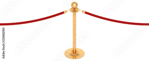 Golden barricade with red rope isolated on white background. Seamless 3d rendering.