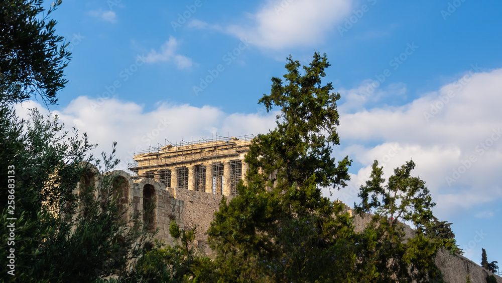 View of Parthenon up the hill of Acropolis, Athens, Greece