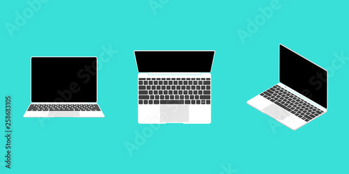 Laptop with black screen isolated on blue background. Different types, isometry. Vector illustration