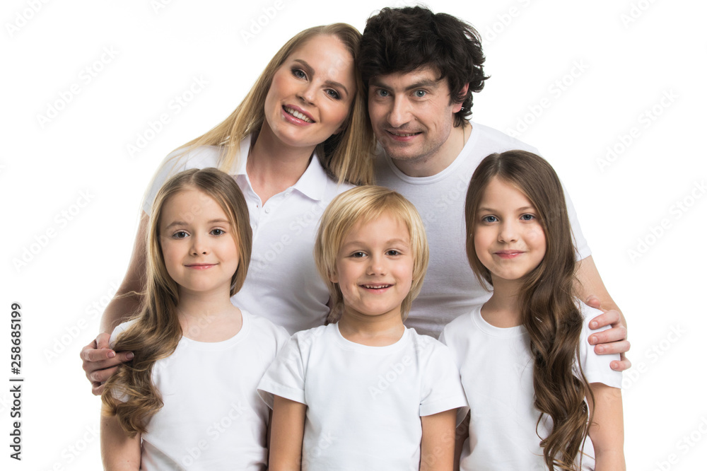 Family of parents and children on white