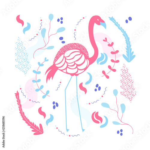 Flamingo. Around the pattern of flowers and leaves. Cute design for banners, branded souvenirs and clothing. Vector.