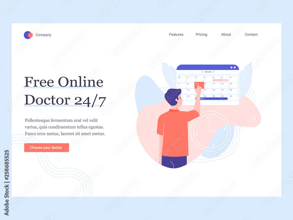 Concept template hero image for the landing page. Free online doctor. Make an appointment. Man chooses a date in the calendar. Vector illustration. Concept template hero image for the landing page. Free online doctor. Make an appointment. Man chooses a date in the calendar. Vector illustration.