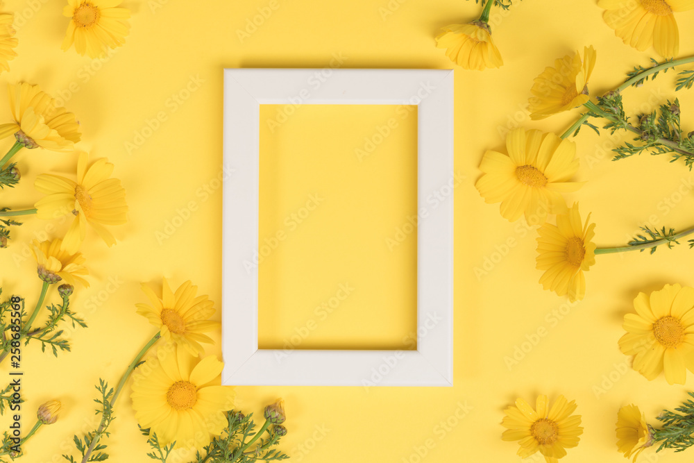 Flowers composition. Chamomile flowers with photo frame on yellow background. Spring, summer concept. Flat lay, top view, copy space Flowers composition. Chamomile flowers with photo frame on yellow background. Spring, summer concept. Flat lay, top view, copy space
