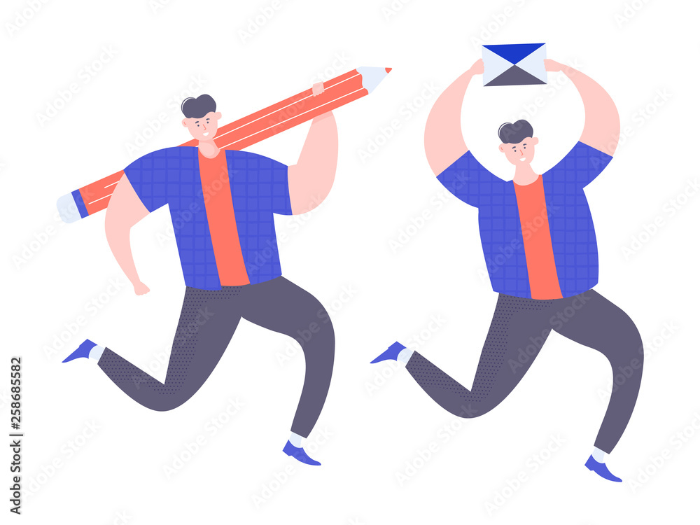Cheerful character man in two states: with a pencil and a new letter. Vector illustration.