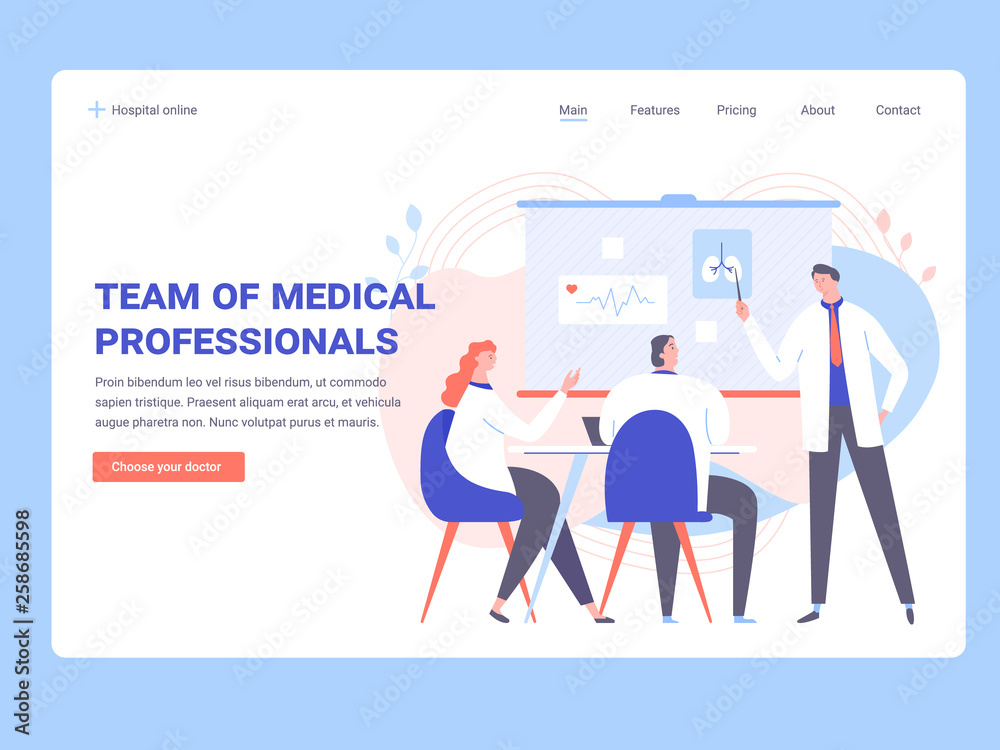 Group of doctors in white coats at the meeting. Diagnosis and treatment of diseases. Board with information about the patient. Vector illustration. Landing page concept template.