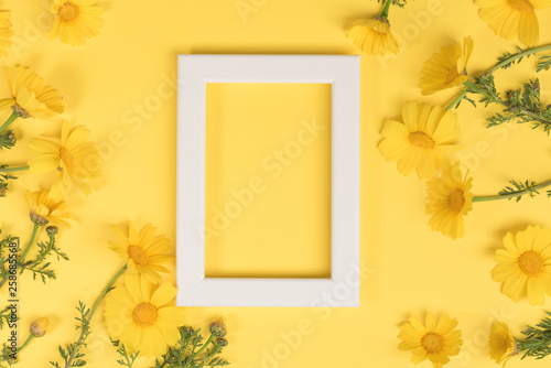 Flowers composition. Chamomile flowers with photo frame on yellow background. Spring, summer concept. Flat lay, top view, copy space