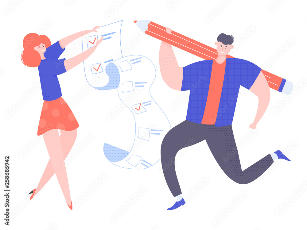 Joyful man holds a giant pencil. Cute girl holding a long sheet of paper. Day planning, time management, project work, effective teamwork. Vector illustration.
