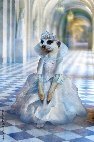 Foto Beautiful cute princess (mouse, meerkat) in long light blue dress walks through