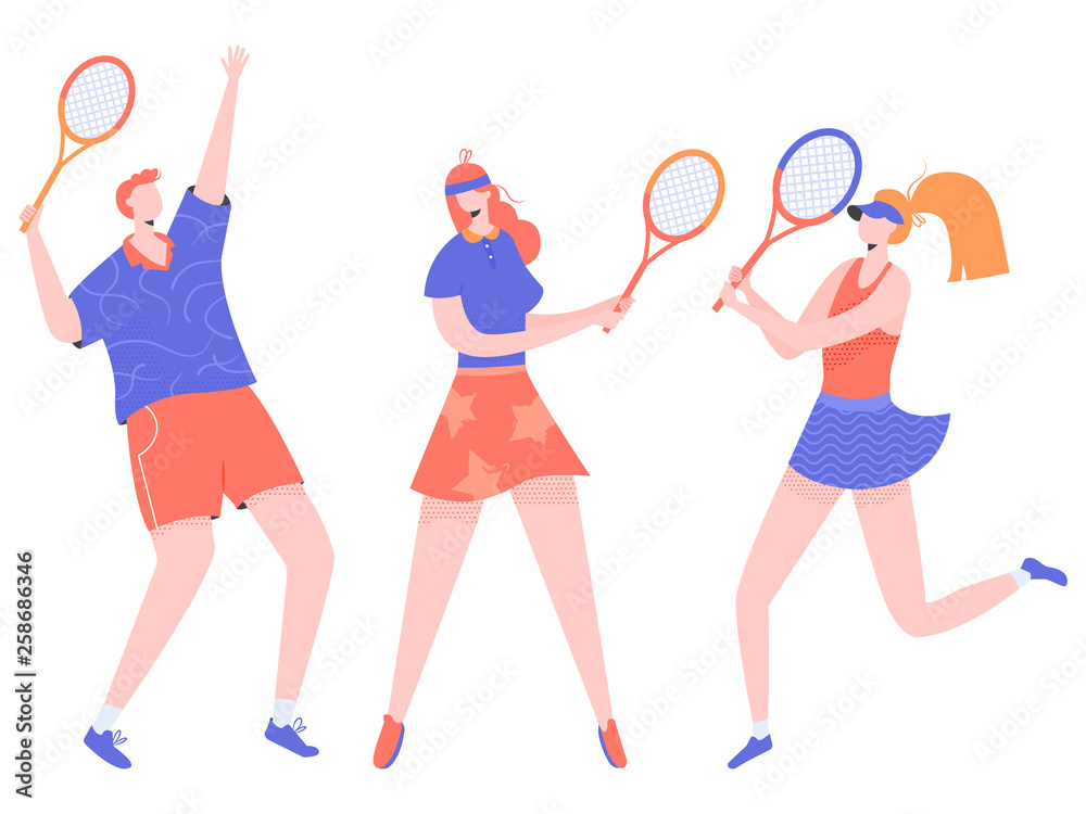 Group of athletes tennis players. One man and two women. Vector characters isolated on white background. Group of athletes tennis players. One man and two women. Vector characters isolated on white background.