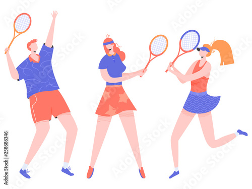 Group of athletes tennis players. One man and two women. Vector characters isolated on white background.