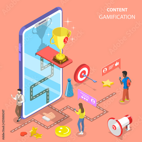 Isometric flat vector concept of gamification, interactive content, customer engagement.