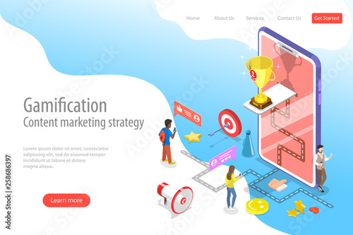 Isometric flat vector landing pate template of gamification, interactive content, customer engagement.