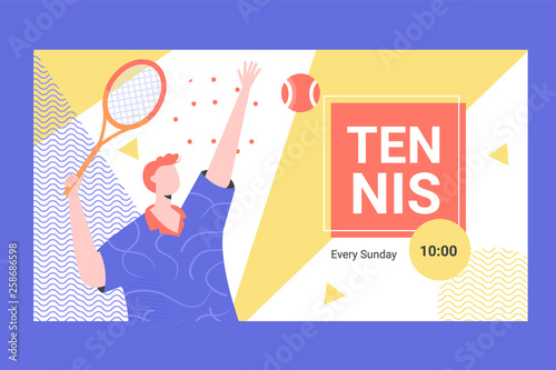 Banner for competitions or training in innings. Male player with a racket makes a tennis innings. Vector illustration.
