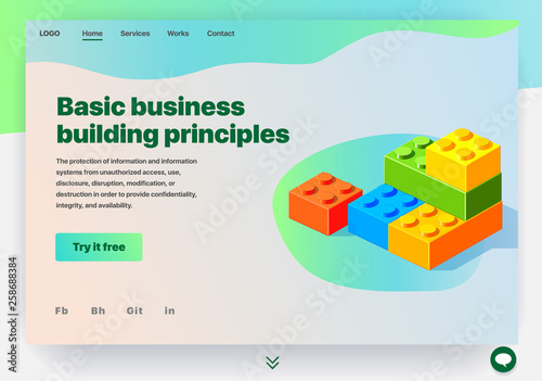 Website providing the service of basic business building principles. Concept of a landing page for basic business building principles. Vector website template with 3d isometric illustration of blocks