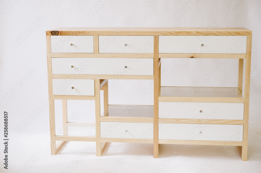 Handmade wooden table with drawers on white background Handmade wooden table with drawers on white background