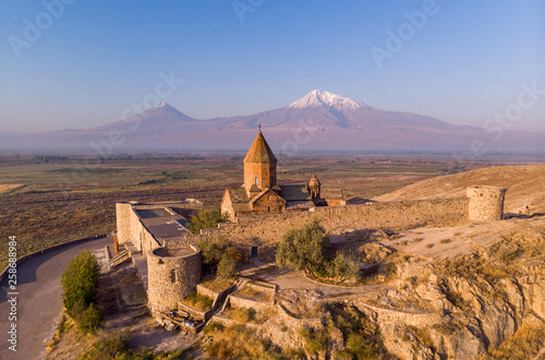 Ancient Armenian church Khor Virap with Ararat in sunrise. Top view photo