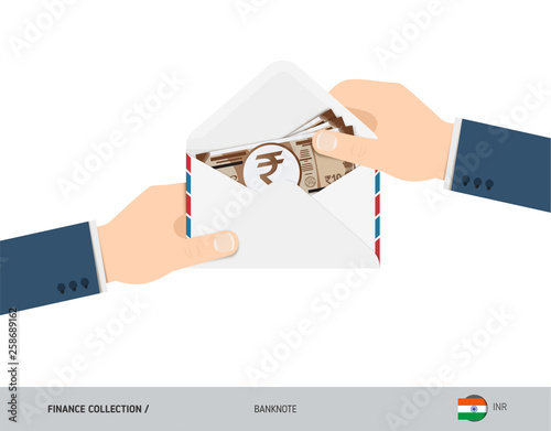 10 Indian Rupee Banknotes in envelope hold in hand. Flat style opened white envelope with cash. Salary payout or corruption concept.