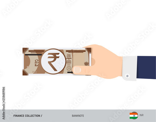 10 Indian Rupee Banknote. Hand gives money. Flat style vector illustration. Salary payout or corruption concept.