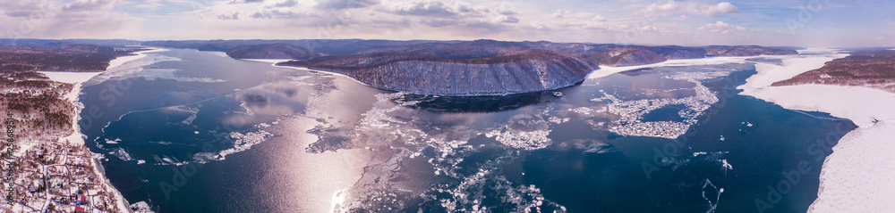 Top View of the Angara river at its source from lake Baikal. Irkutsk region, Eastern Siberia, Russia