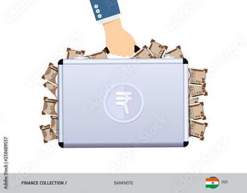 Hand holds a metal case with 10 Indian Rupee Banknotes. Flat style vector illustration. Salary payout or corruption concept.