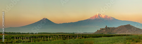 Ancient Armenian church Khor Virap with Ararat, Armenia. Panorama photo