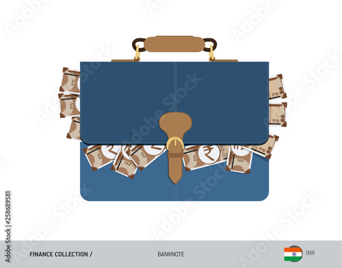 Leather briefcase with 10 Indian Rupee Banknotes. Flat style vector illustration. Salary payout or corruption concept.