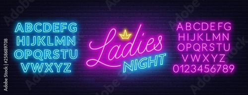Ladies Night neon lettering on brick wall background.