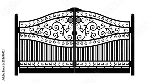 Forged gate. Architecture detail. Black forged gate with decorative lattice isolated on white background. Vector EPS10