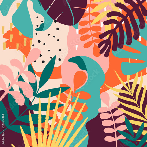 Tropical jungle leaves and flowers background. Colorful tropical poster design. Exotic leaves  flowers  plants and branches art print. Botanical pattern  wallpaper  fabric vector illustration design