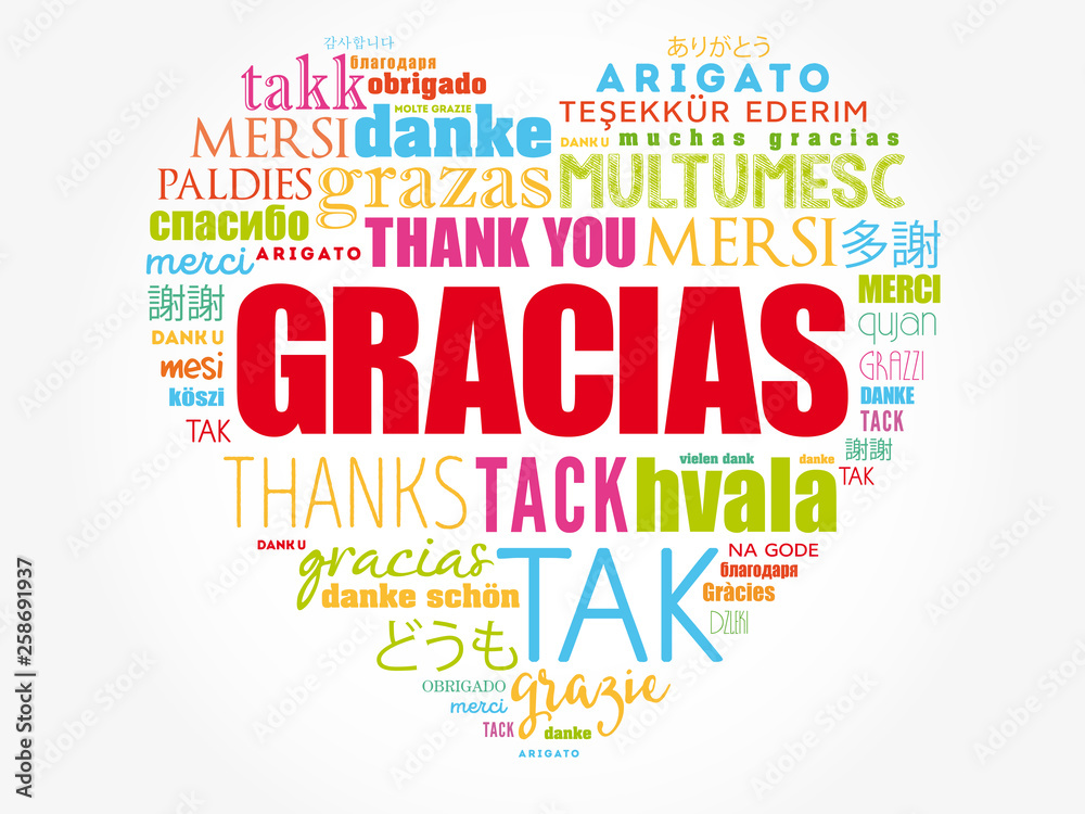 Gracias (Thank You in Spanish) love heart Word Cloud in different ...