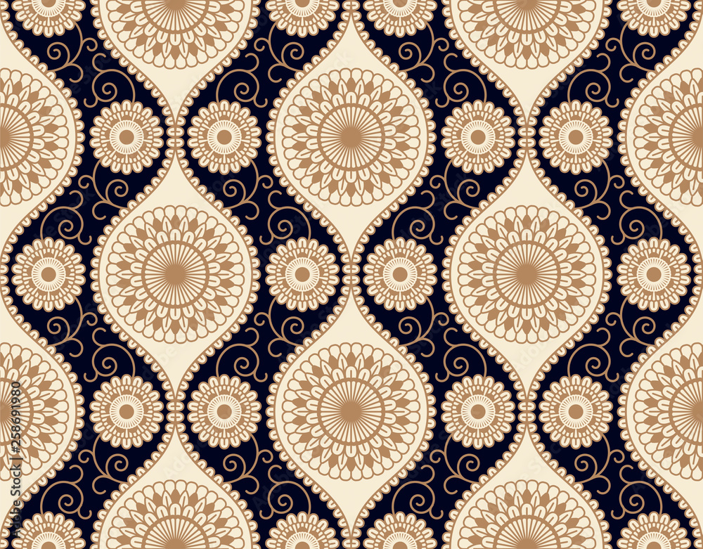 seamless vector pattern design with circular light floral ornament on a dark blue background. seamless template in swatch panel