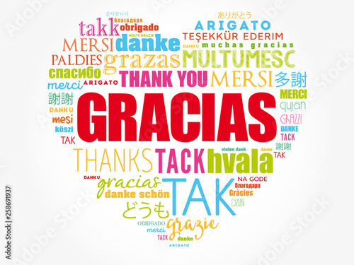 Gracias (Thank You in Spanish) love heart Word Cloud in different languages of the world