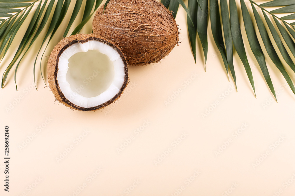 Coconut and palm leaves, copy space. Summer mood, tropical background, blank. Coconut and palm leaves, copy space. Summer mood, tropical background, blank.
