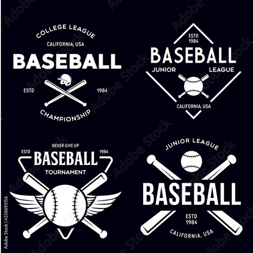 Set of vintage baseball typography emblems, sports logos and design elements. Logotype templates and badges.