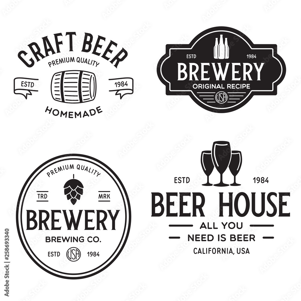 Obraz premium Set of vintage monochrome badge, logo templates and design elements for beer house, bar, pub, brewing company, brewery, tavern, restaurant.