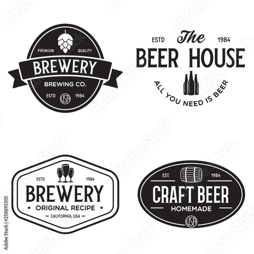 Set of vintage monochrome badge, logo templates and design elements for beer house, bar, pub, brewing company, brewery, tavern, restaurant.