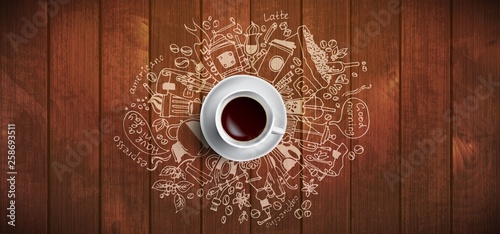 Coffee concept on wooden background - white coffee cup, top view with doodle illustration about coffee, beans, morning, espresso in cafe, breakfast. Morning coffee vector illustration. Hand draw and