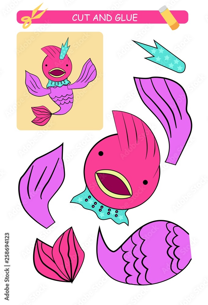 Cut and glue worksheet: fish.  Educational game for kids. 