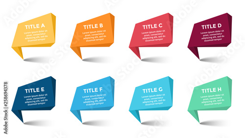 Vector banners infographic template. Stickers presentation slide. Business labels concept infographics. 8 options, parts, steps, processes.
