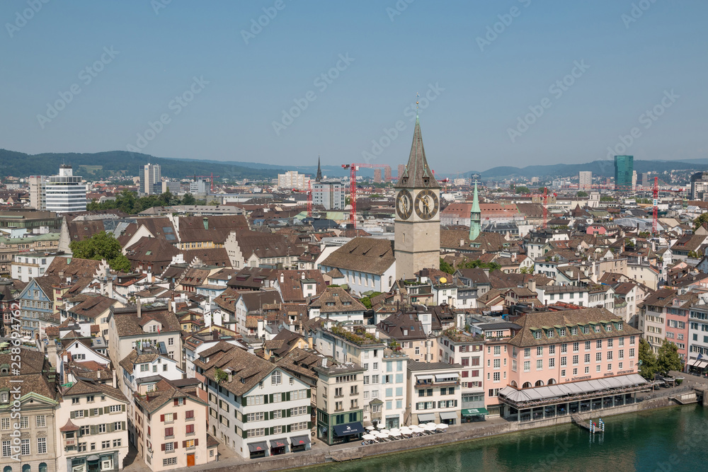 Aerial view of historic Zurich city center with famous Fraumunster Church