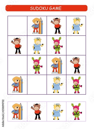 Sudoku for kids. Kids activity sheet. Training logic, educational game. Sudoku game with animals.