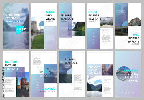 Creative social networks stories design, vertical banner or flyer templates with colorful blue gradient backgrounds. Covers design templates for flyer, leaflet, brochure, presentation, advertising.